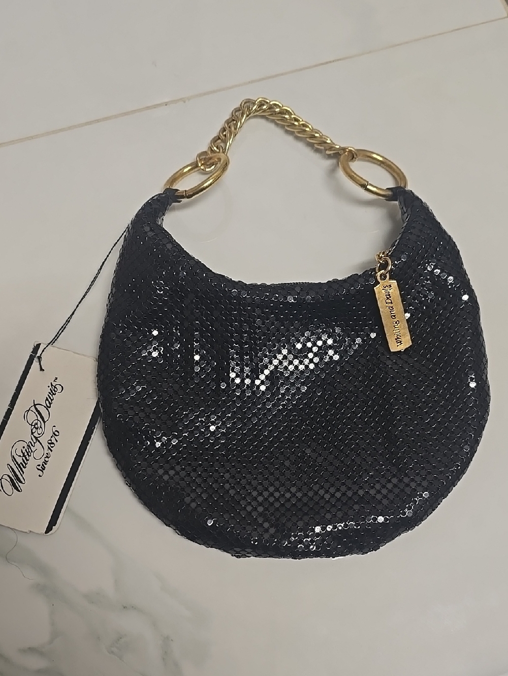 Whiting & Davis Black Metal Black Mesh Mini Hobo with Gold Chain Handle